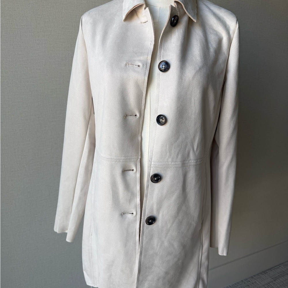 Tahari Cream Long Button-Front Trench Coat